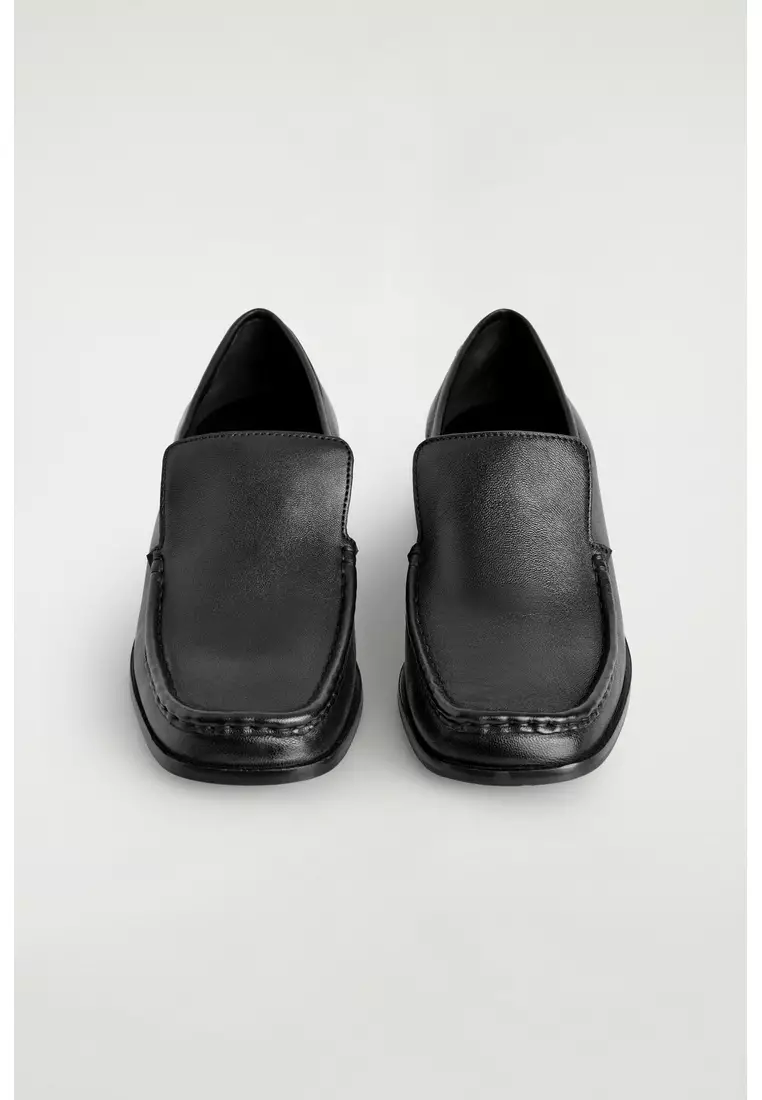 SQUARE-TOE LEATHER HEELED LOAFERS