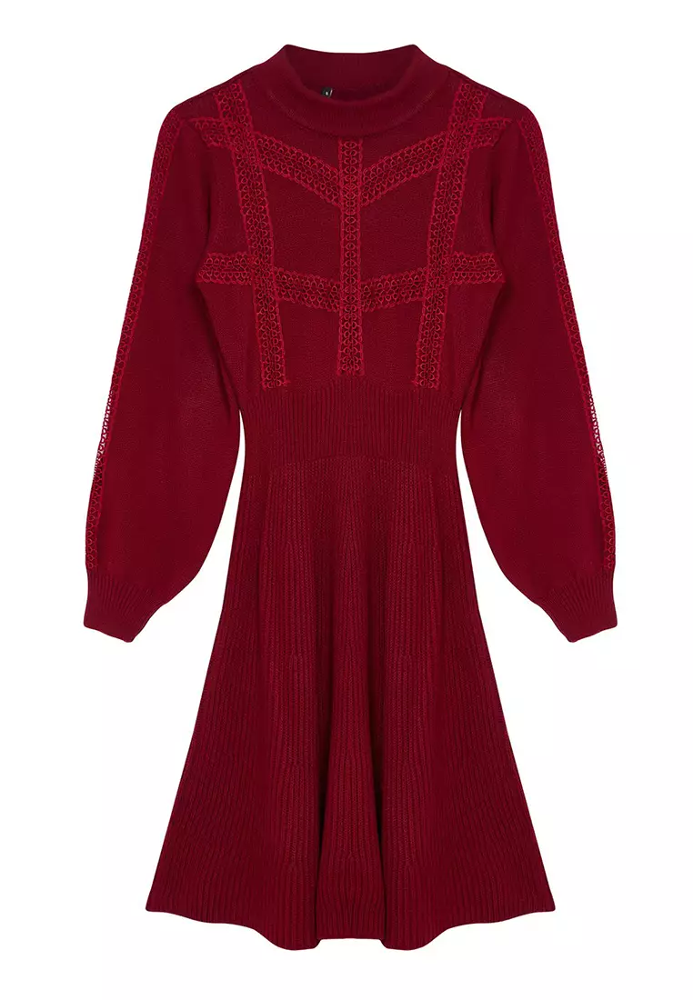 Claret Red Mini Knitwear Lace Dress Twoaw22El0011