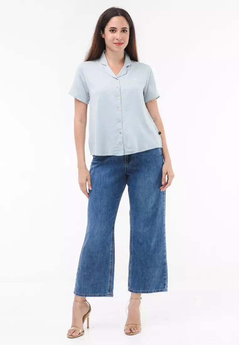 Plain Single Bold Twill Short Sleeve Blouse