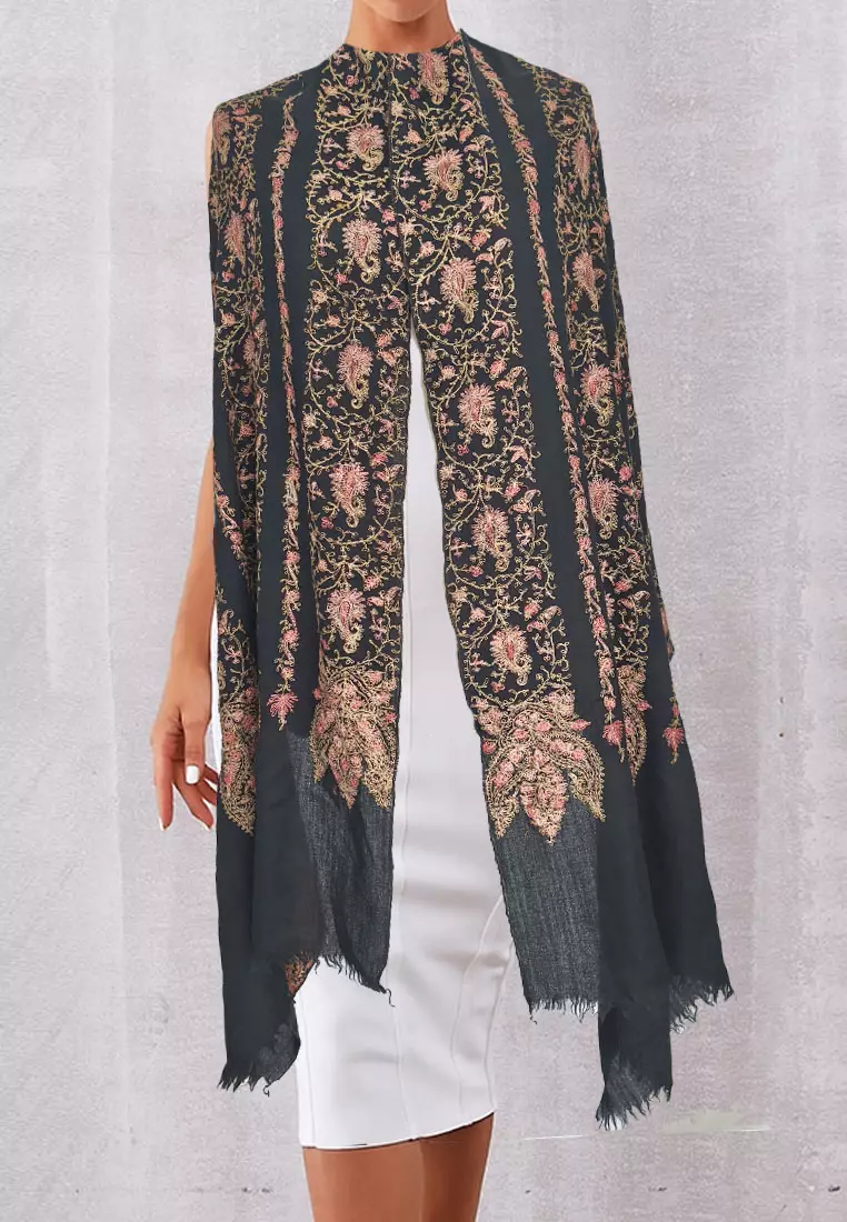 Aksesoris Syal Embroidered Floral Premium Woolen Shawl Pashmina Syal Wol Wanita Black & Multi