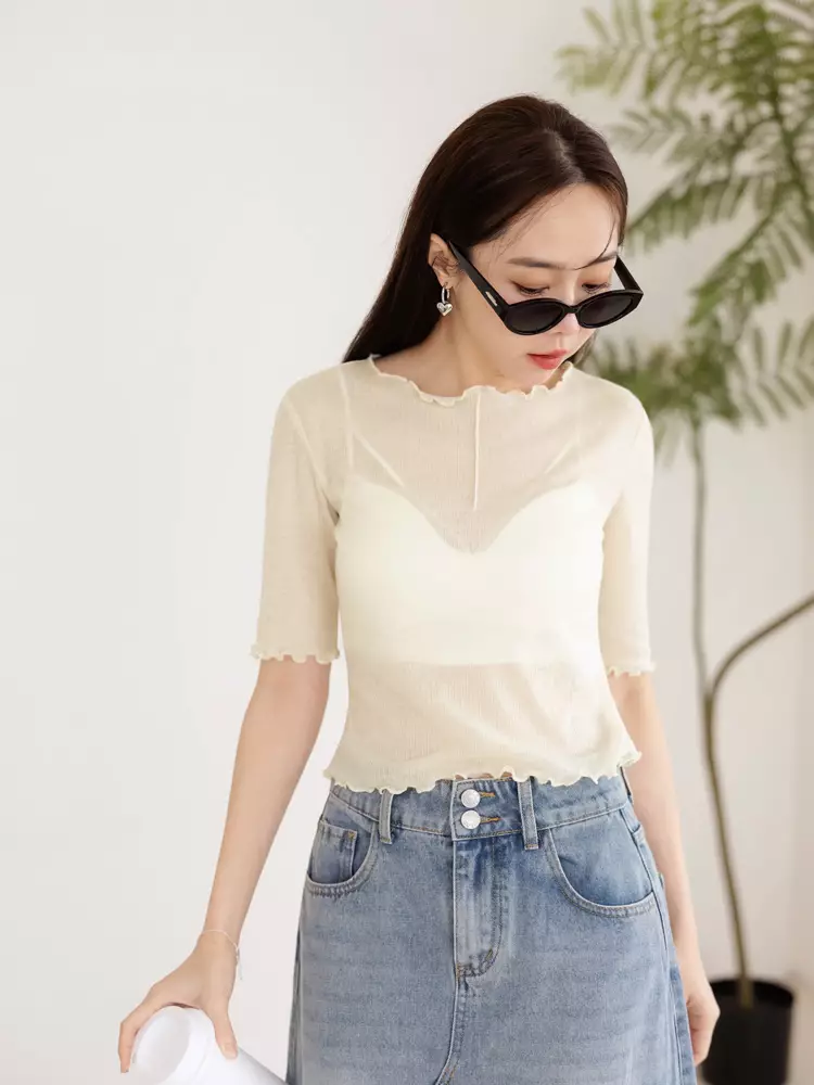 Lightly Sheer Elastic Ruffle-Edge Top [AB19538]
