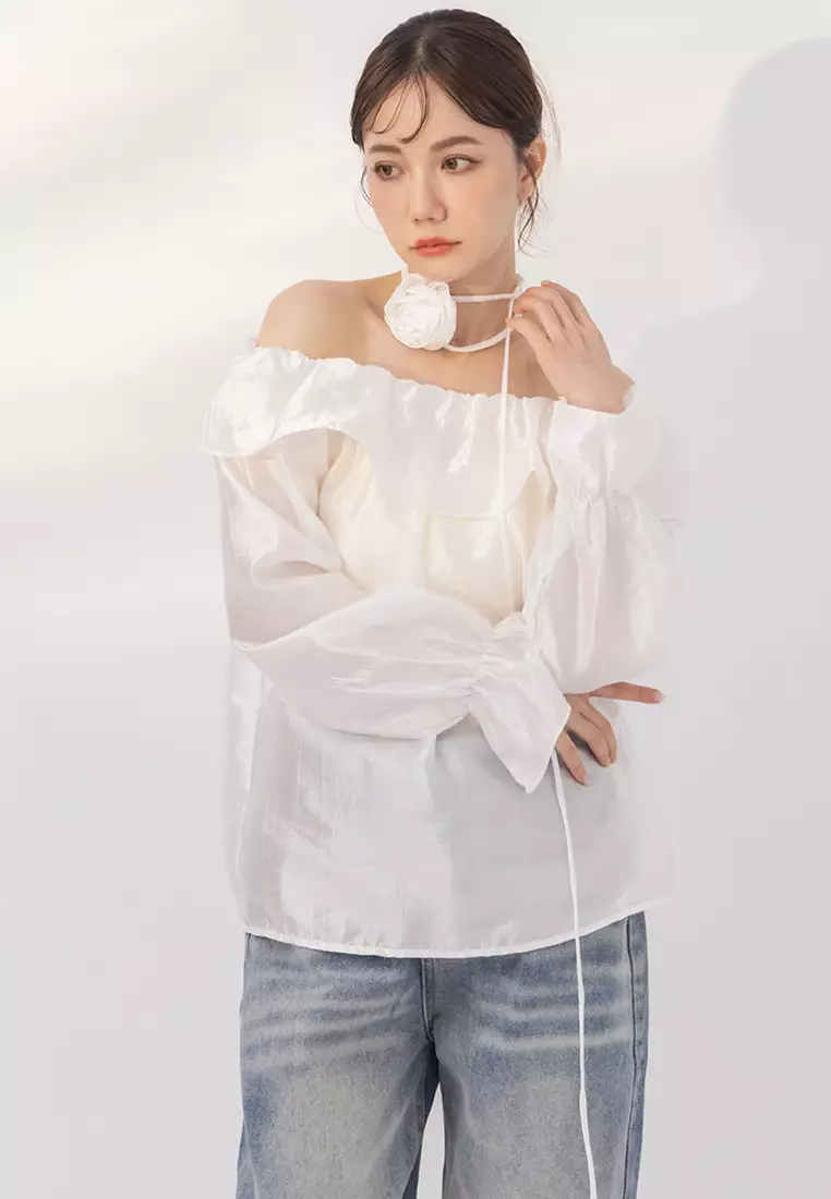 Off-Shoulder Ruffled Shimmer Top With Bateau Neckline and Rose Tie