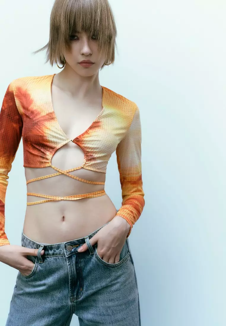 女装时髦欧美绑带辣妹印花短款开襟衬衫