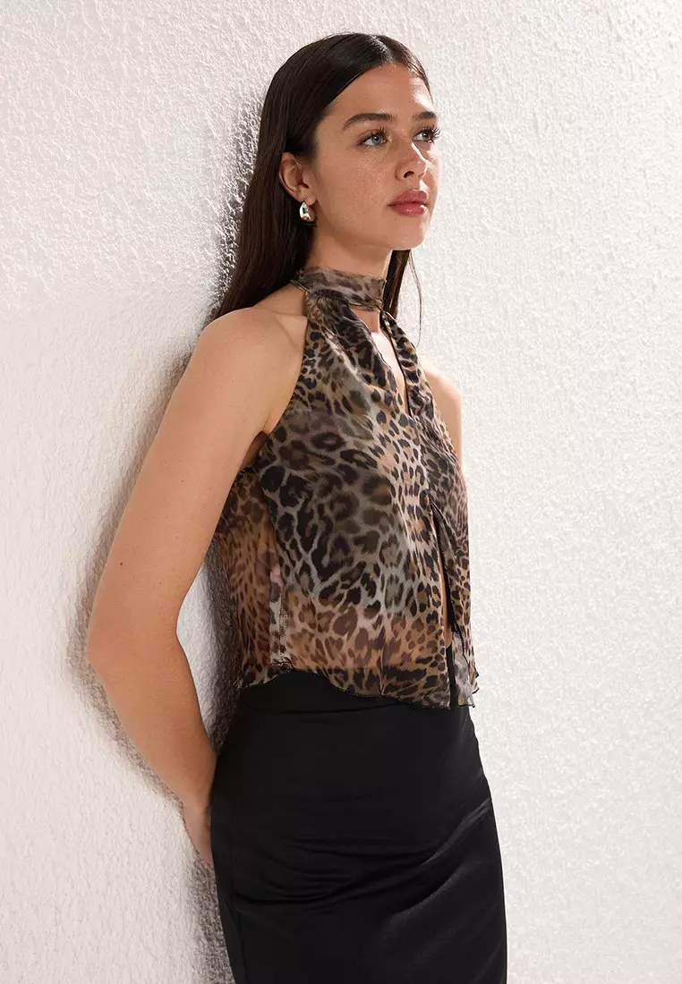 Leopard Tied Knitted Tulle Party Blouse Tprss25Bz00053