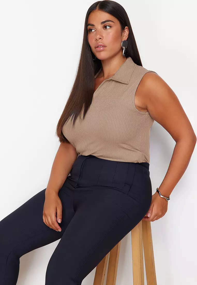 Beige Fitted/Fits the Body Polo Collar Flexible Knitted Plus Size Blouse TBBSS24AF00065