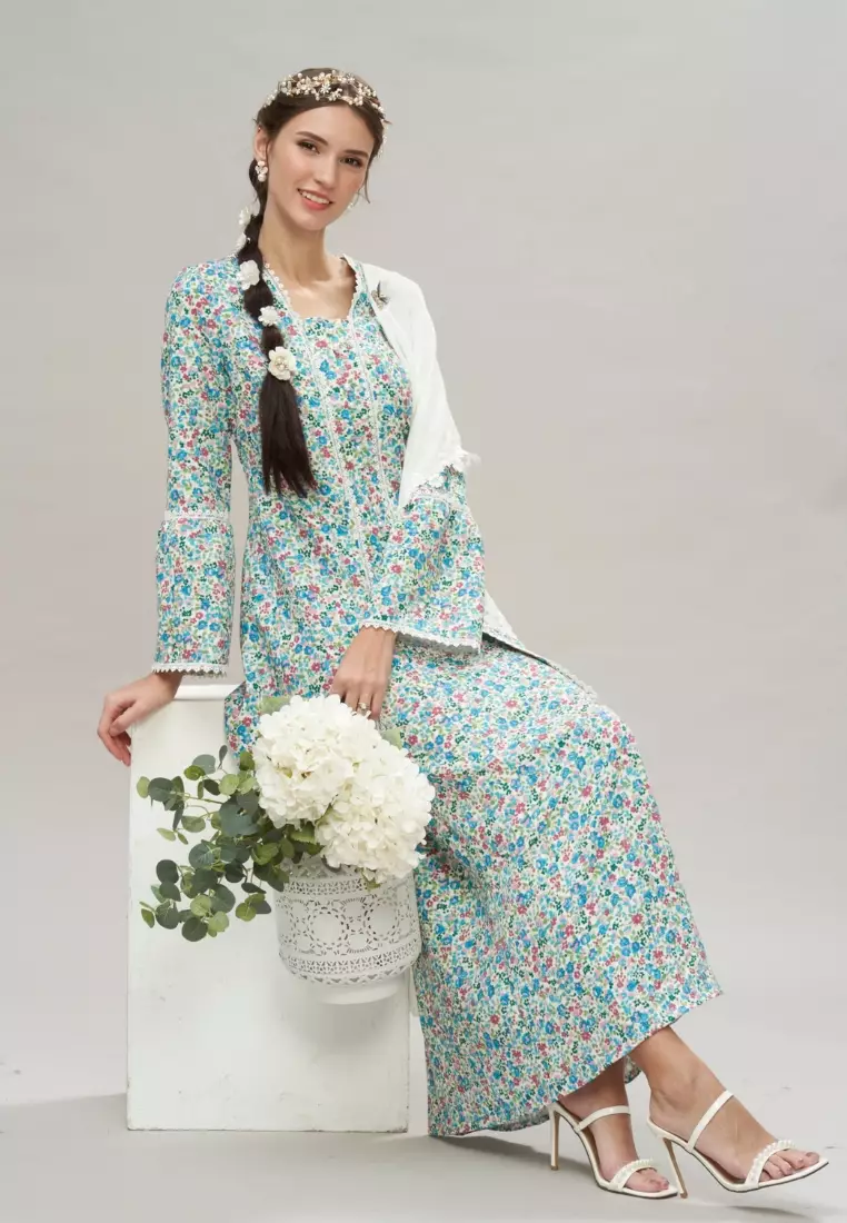 Teal Puff Sleeve Floral Modern Kebaya Kurung Hari Raya