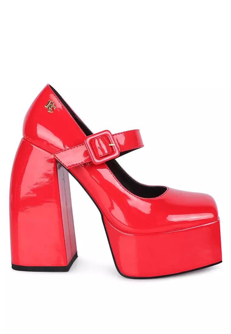 Red platform deals block heels