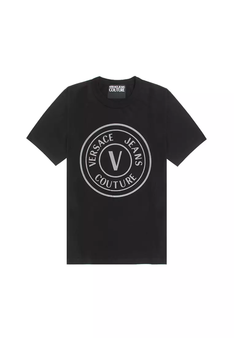 Versace Jeans Couture Fall/Winter 22 V-EMBLEM Series Metallic LOGO Men's Short Sleeve T-shirt 73GAHT05 CJ00T