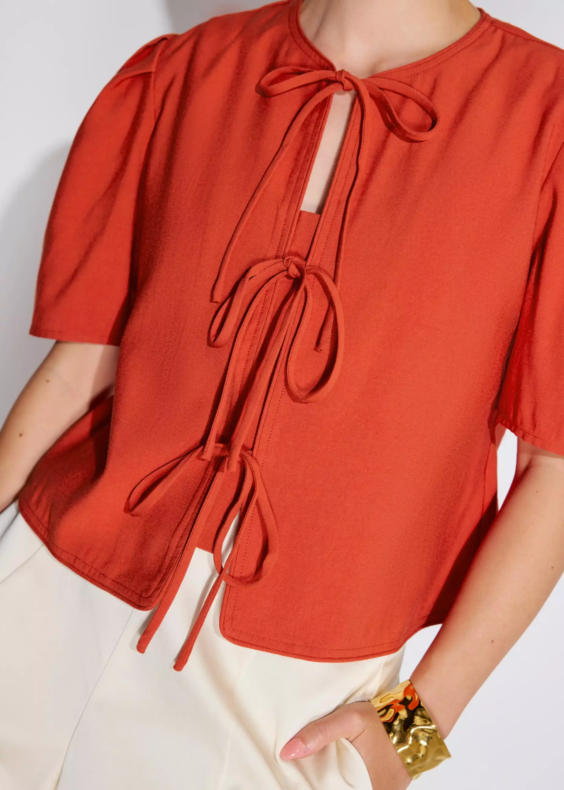 Atasan Wanita - Relaxed Cotton Front Tie Puff Sleeve Shell Top