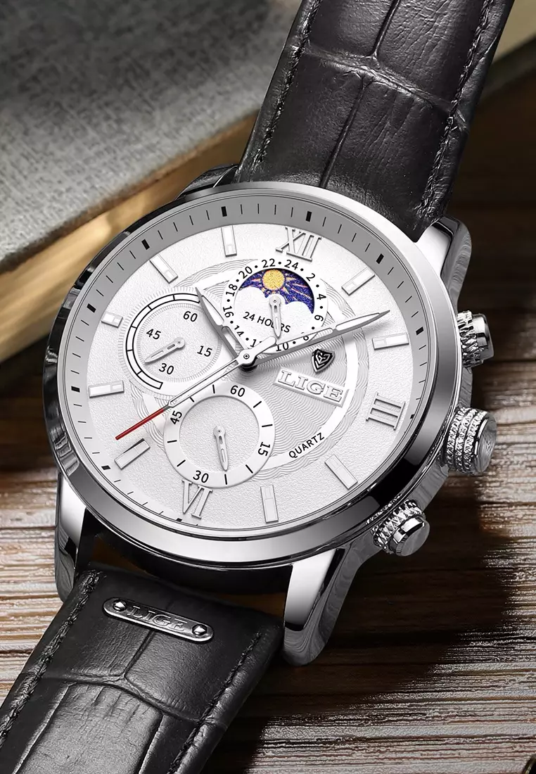 Chronograph, Unisex, Stainless Steel Quartz Watch 43mm, white dial, on Black Leather Strap