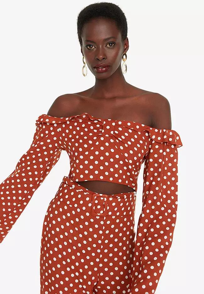 Red polka dot off the cheap shoulder top
