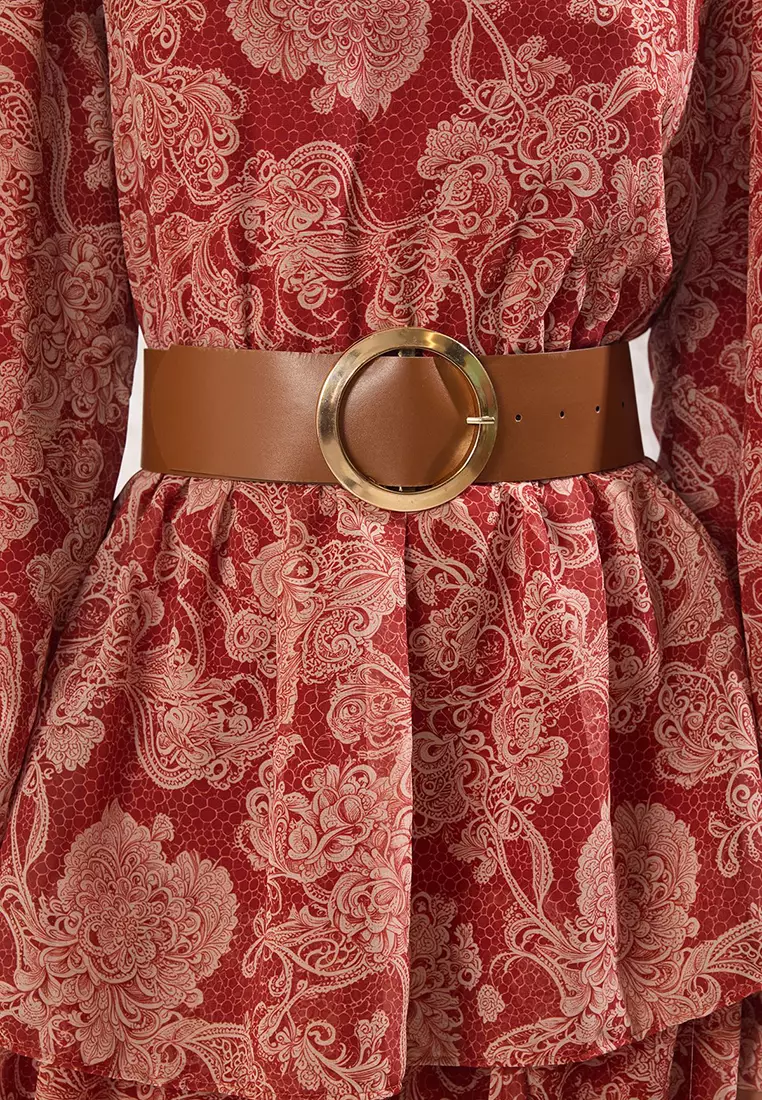 Cinnamon Stand Collar Patterned Belted Lined Chiffon Woven Dress TCTSS25EB00062