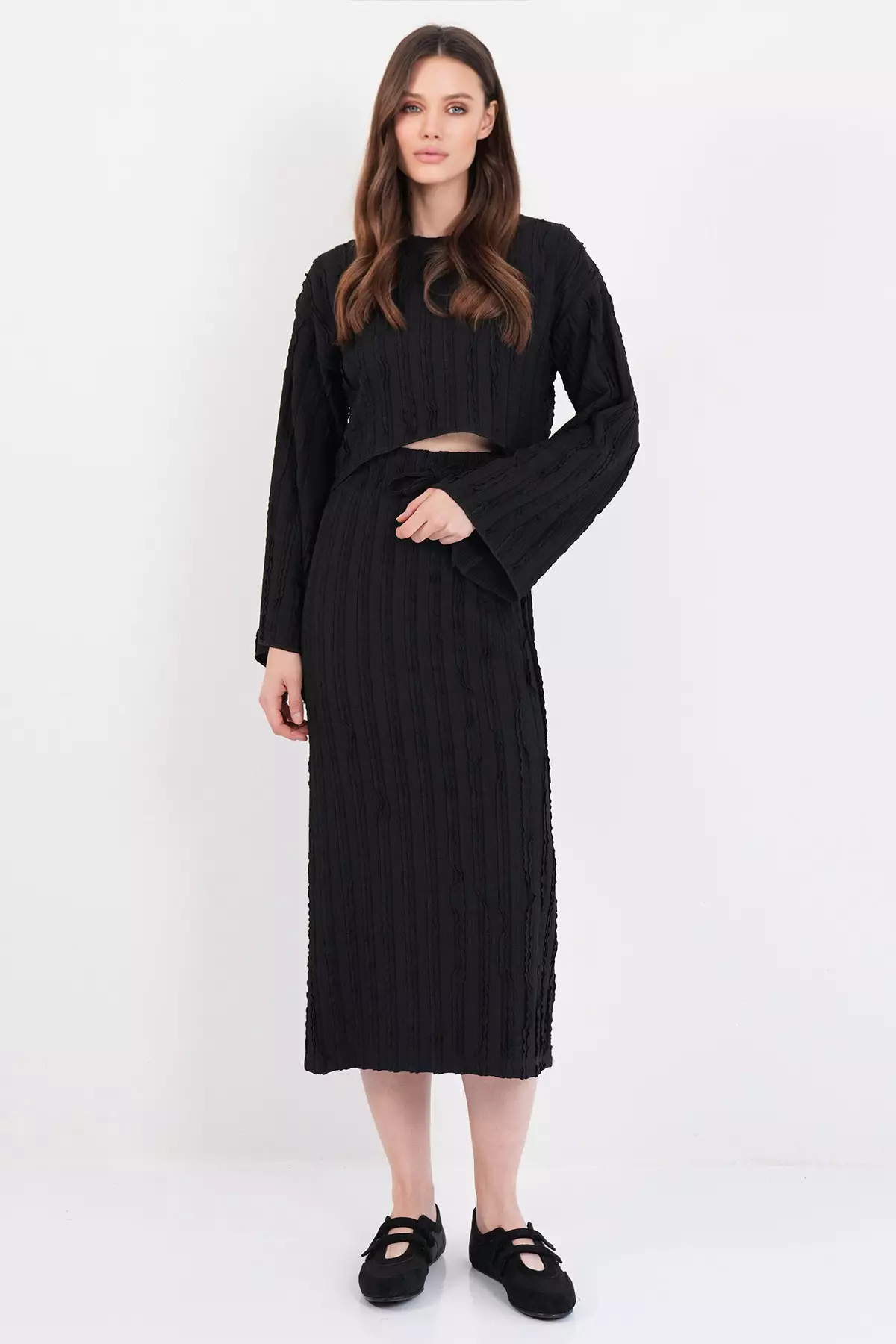Black Asymmetrical Cut Blouse And Skirt Set With Stitching Detail Alc-X14808