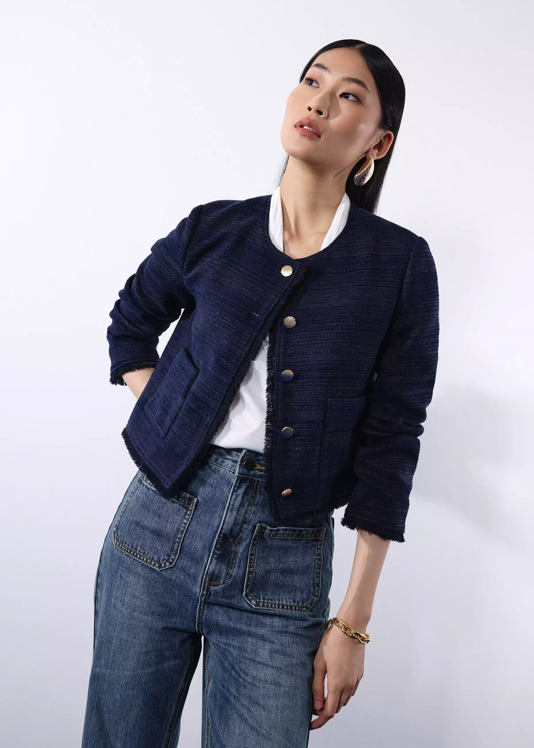 Blazer Wanita - RuchedReady® Ellis Shoulder Padded Jacquard Tweed Boxy Jacket