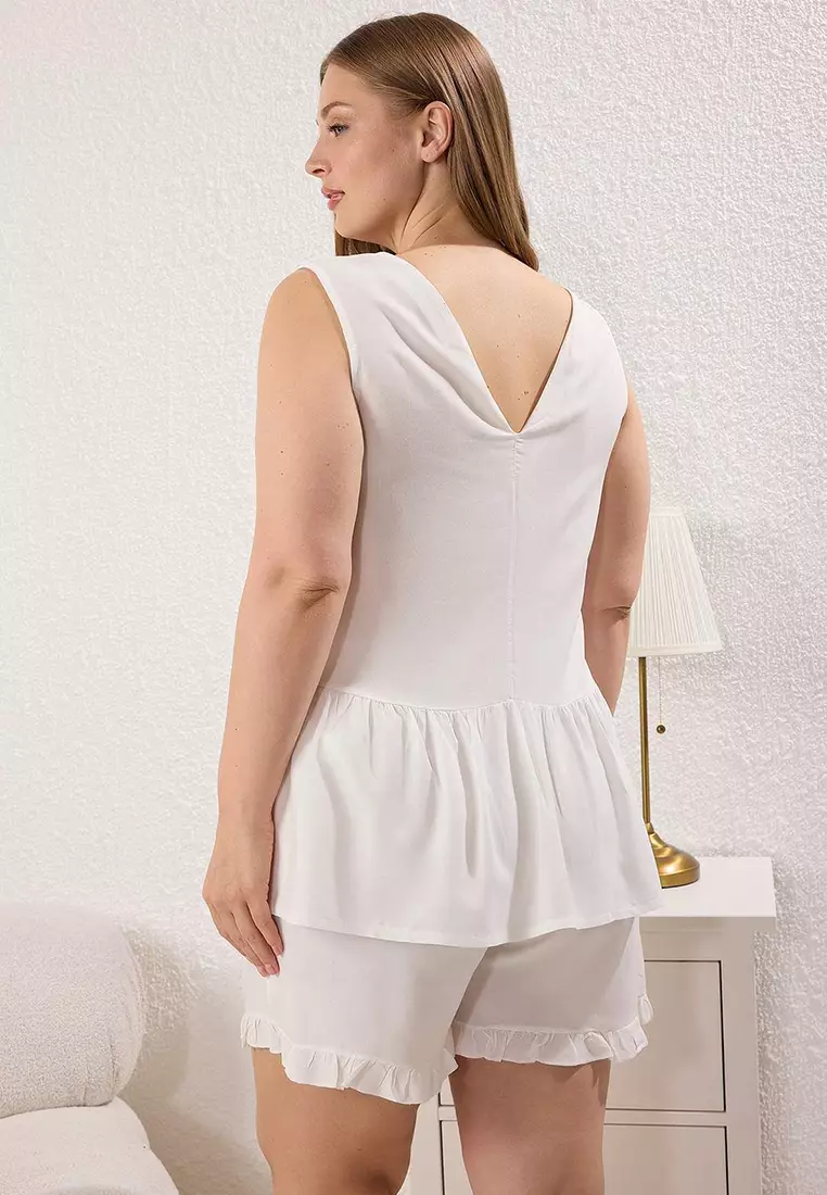 Ecru Ruffle and Tie Detail Woven Pajama Set TBBSS25AI00099