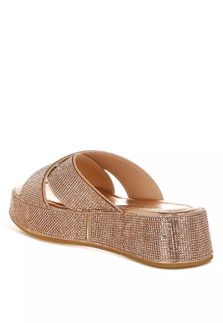 Rhinestone Embellished Flatforms In Rose Gold
