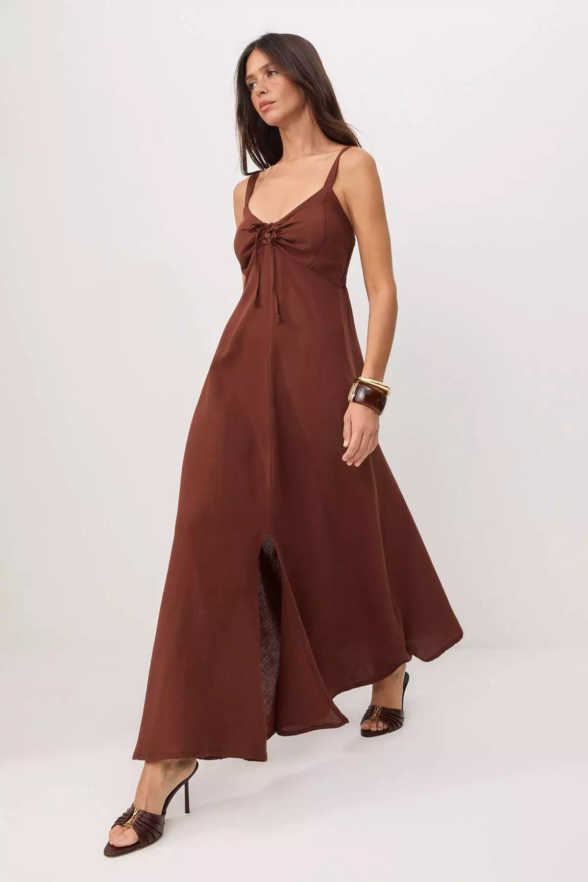 Buy Trendyol Light Brown Linen Cross Back Strap Maxi Woven Dress ...