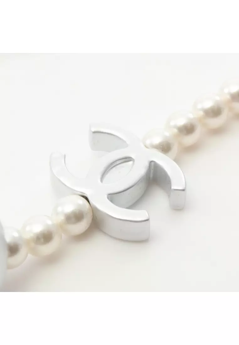 Pre-Loved Chanel coco mark necklace Fake pearl Silver ivory B25C