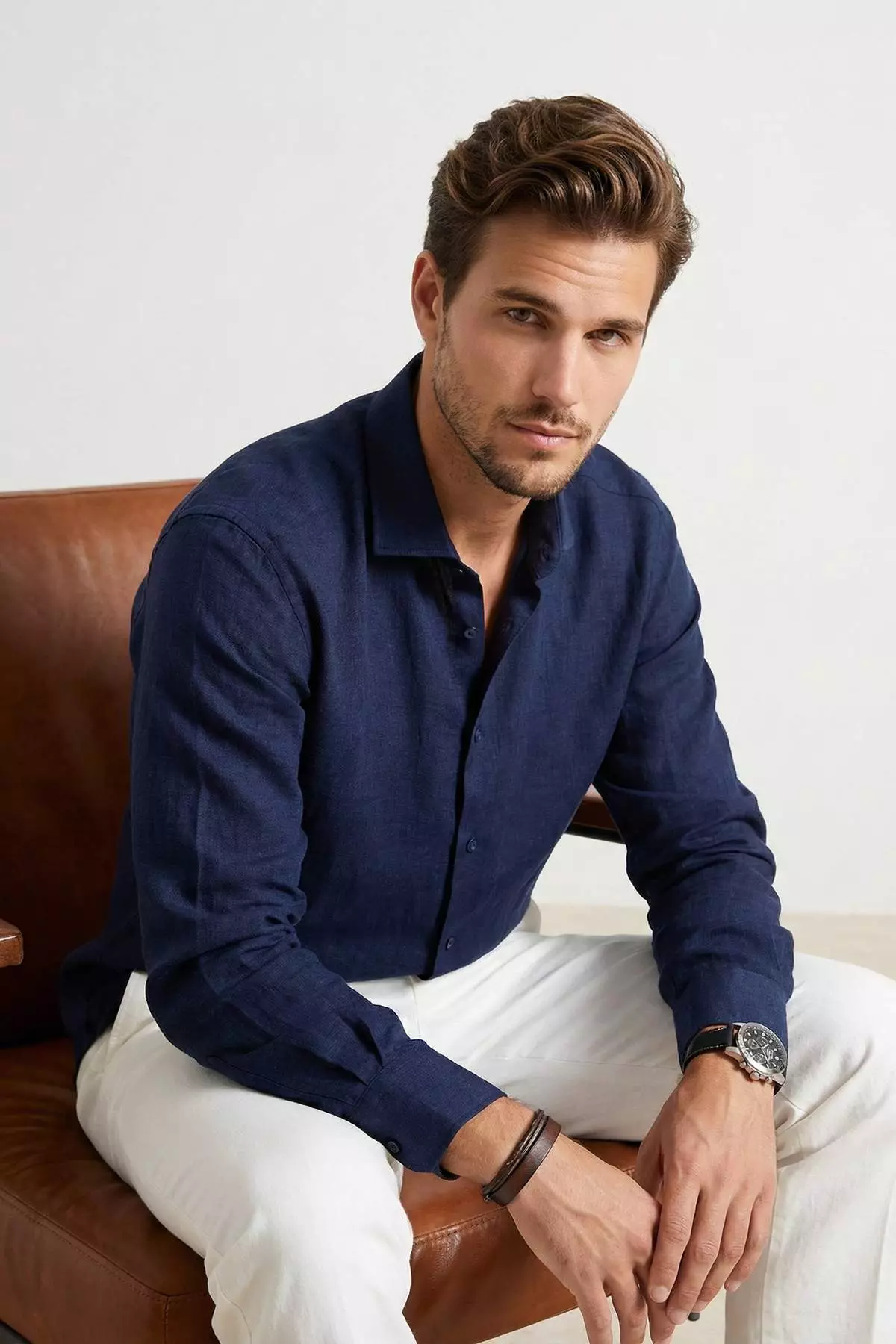 Navy Blue Regular Fit Linen Look Seasonal Men'S Woven Shirt Tmnss26Go00007