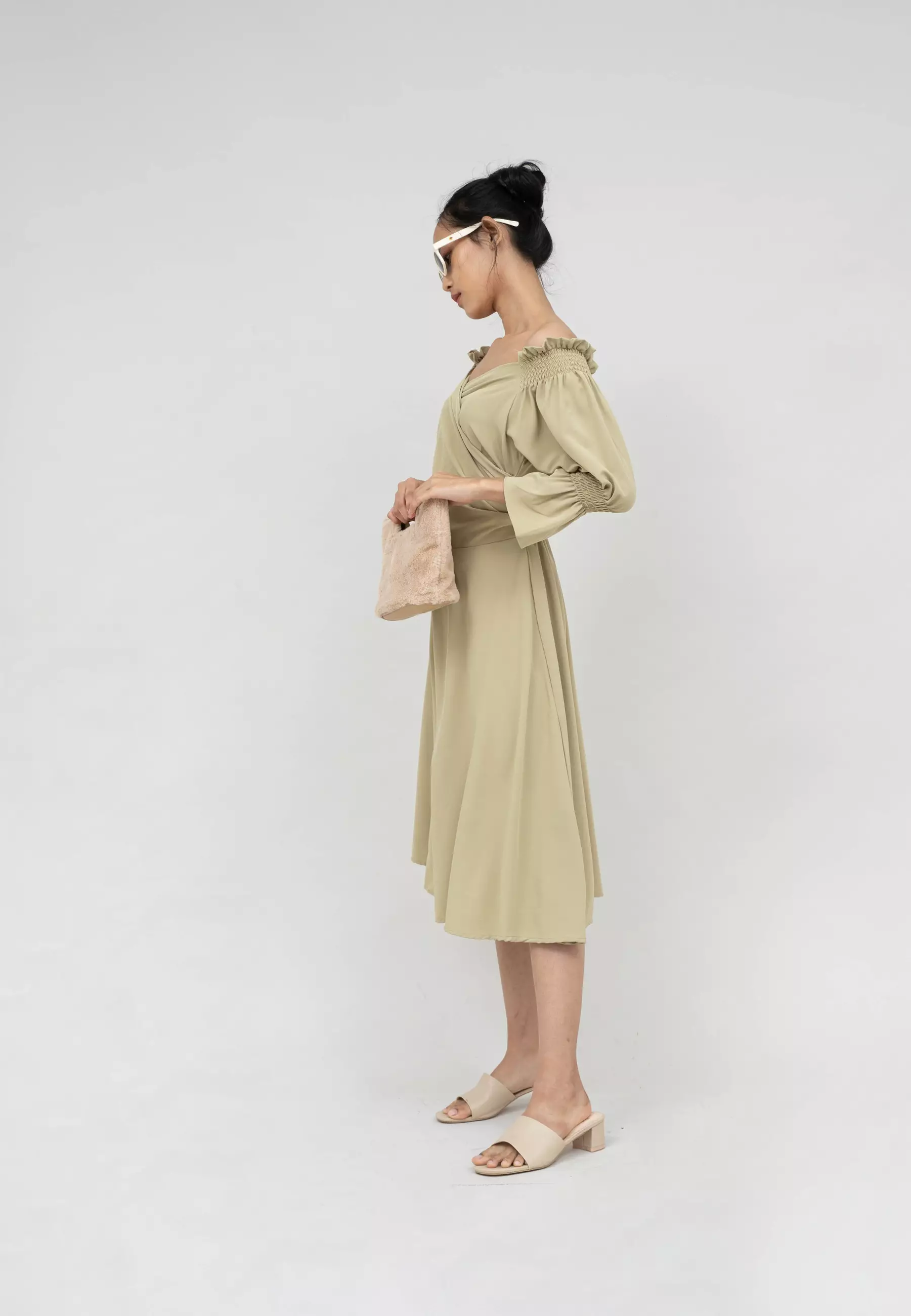 Houseofcuff Blossom Dress in Beige Dress Crepe Model Sabrina