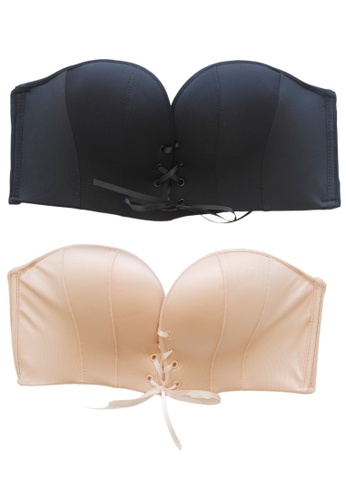 Love Knot black and beige [2 Packs] Strapless Push Up Bra with Drawstring and Detachable Shoulder and Back Straps Bra (Beige and Black) C0E07USAE5DF39GS_1