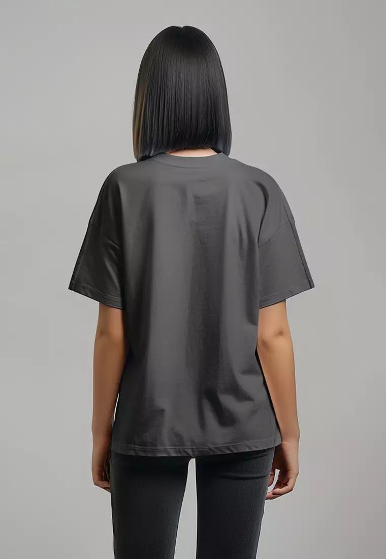 LTG96 Kaos Oversize Wanita Washing Effect "three flowers" abu tua