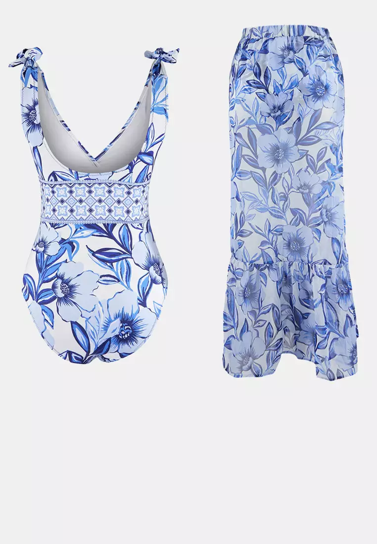 Floral Pattern Covered Deep V-Neck Regular 2-Piece Suit Skirt Swimsuit Tbess26Ma32