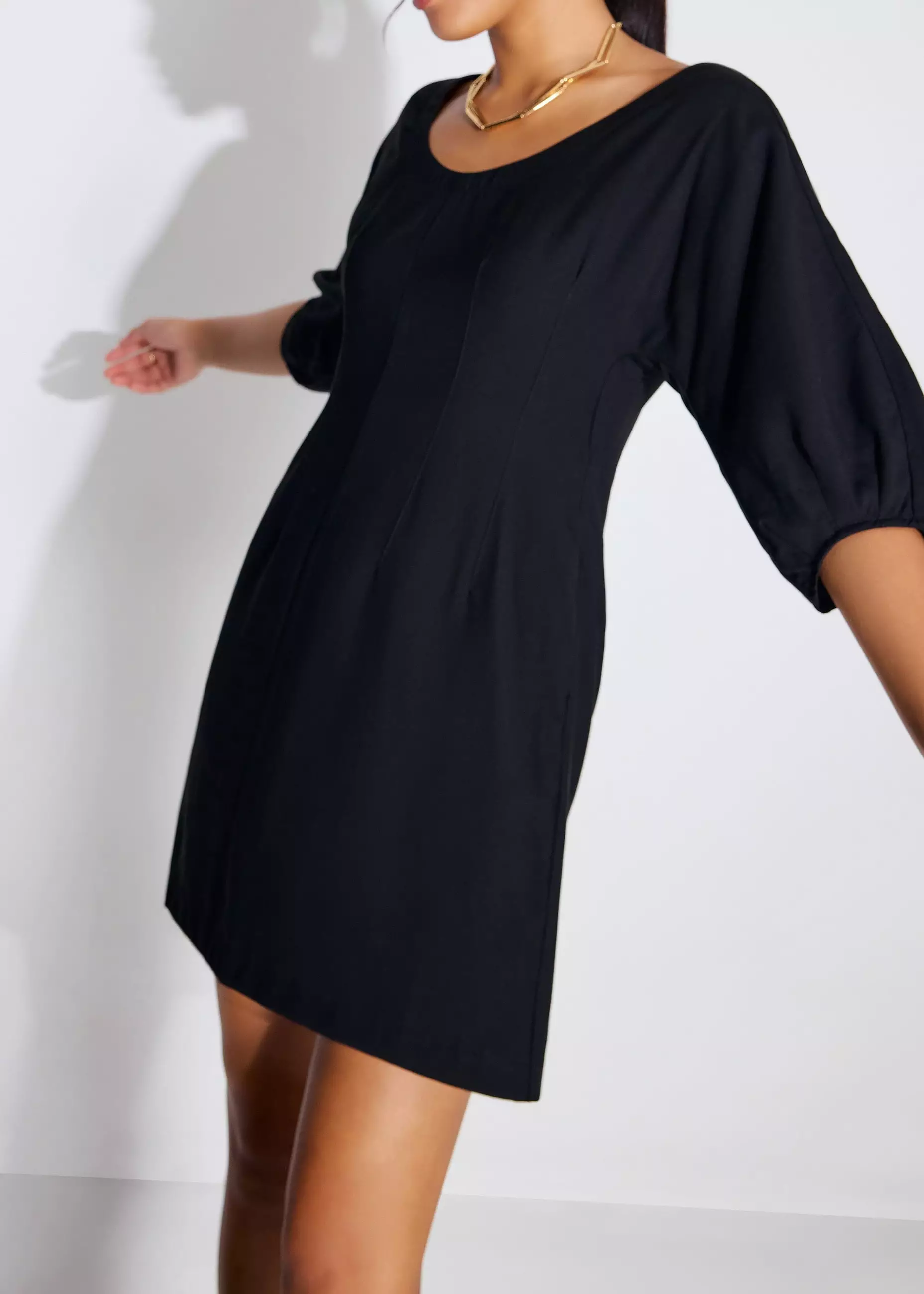 Dress Wanita - Scoop Neck Puff Sleeve A-Line Mini Dress