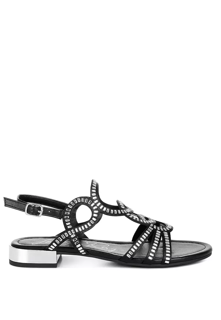 Buy London Rag Cut Out Detail Rhinestone Flat Sandals in Black Online ...