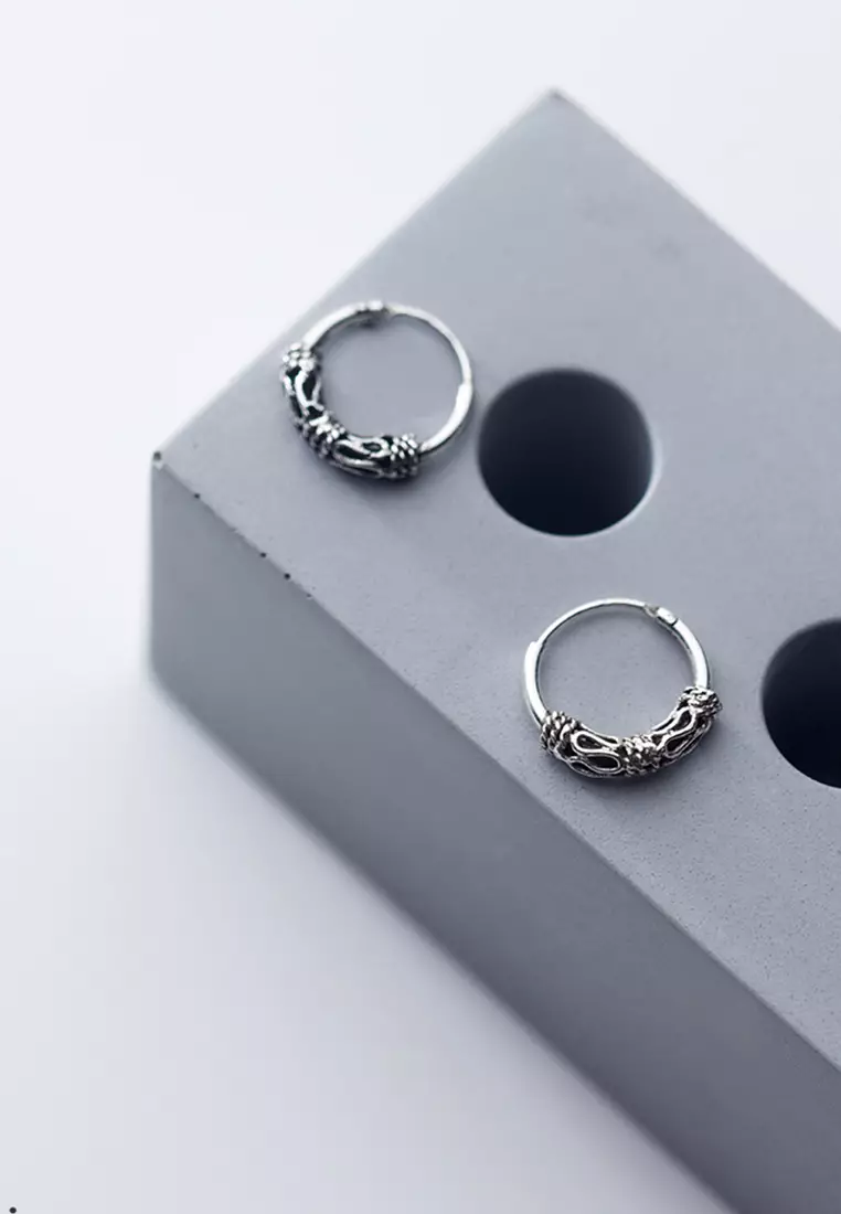 925 Marcasite Silver Vintage Pattern Hoop Earrings JW AR-E6165