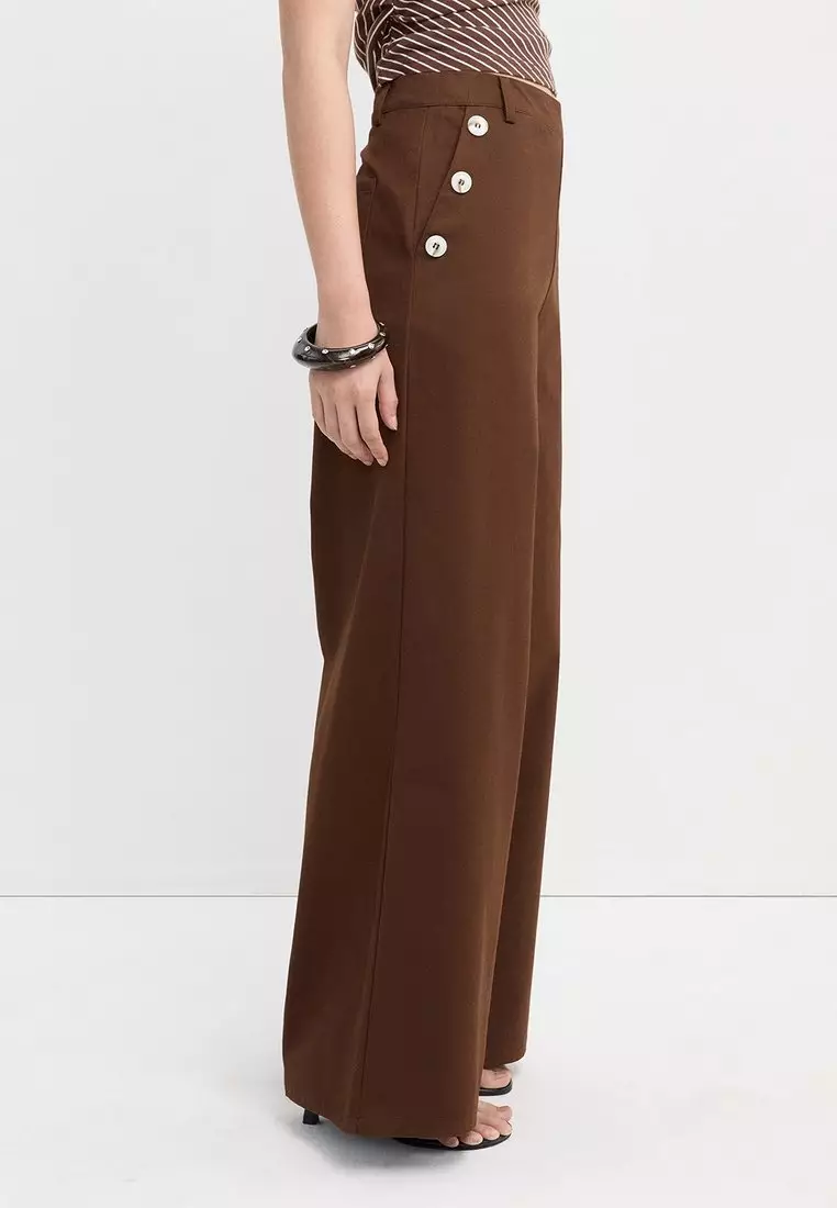 Wide Leg Cotton Twill Pants with Side Button Graphic Pockets - Brown