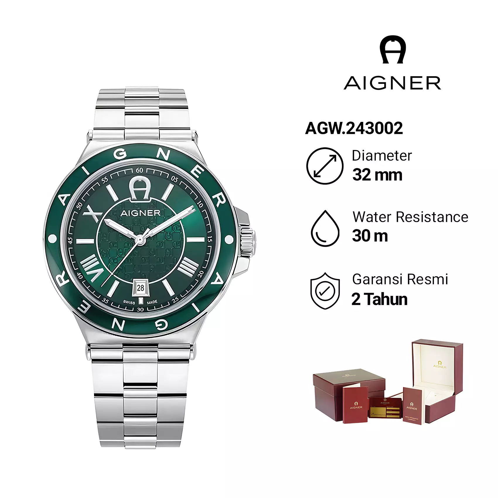 AIGNER Trieste 2 - Jam Tangan Analog Wanita - Green Dial - All Stainless Steel - AGW.243002