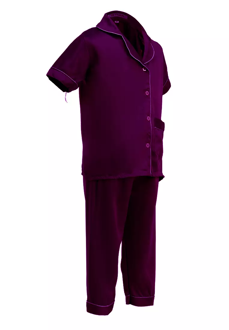 Joyce Piyama Anak Unisex Lengan Pendek Kids Pajamas Motif Polos Material Satin ORIGINAL - Purple