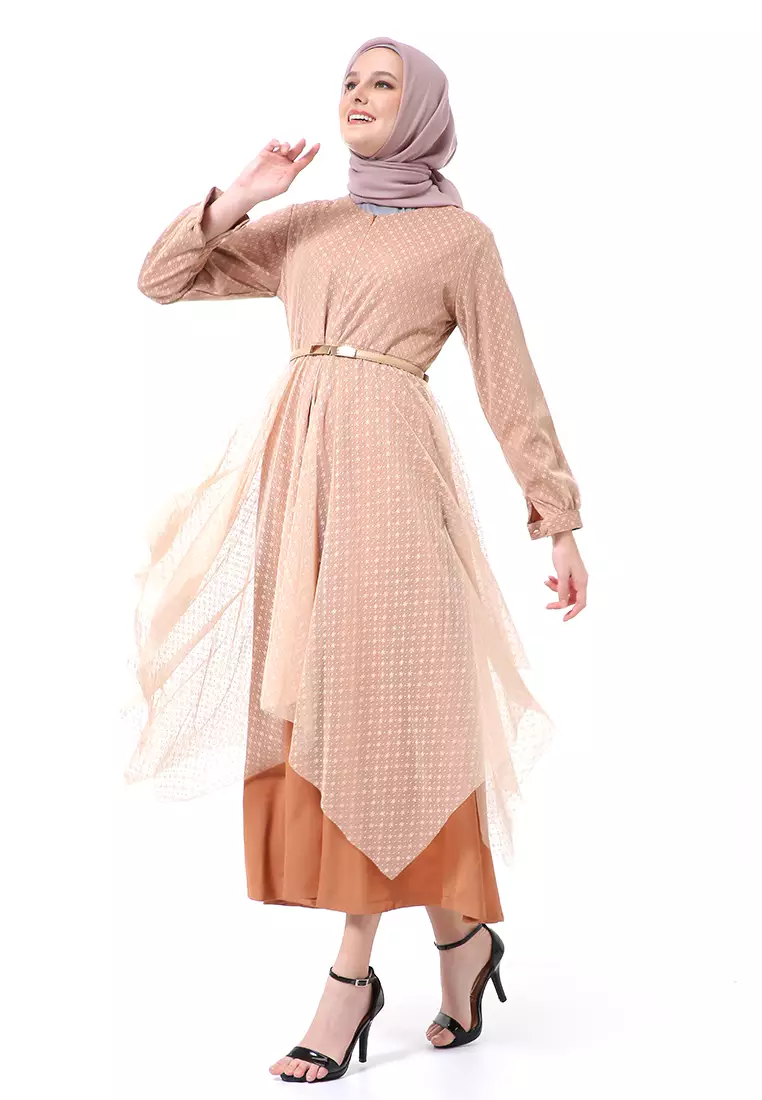 Zahwa Long Dress Gamis Muslimah Long Sleeve Free Belt High Quality - Mocha
