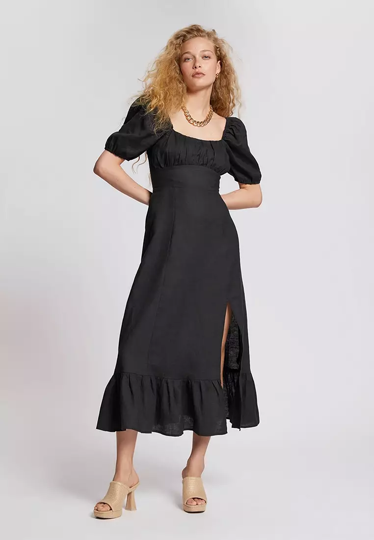 Puff Sleeves Linen Midi Dress