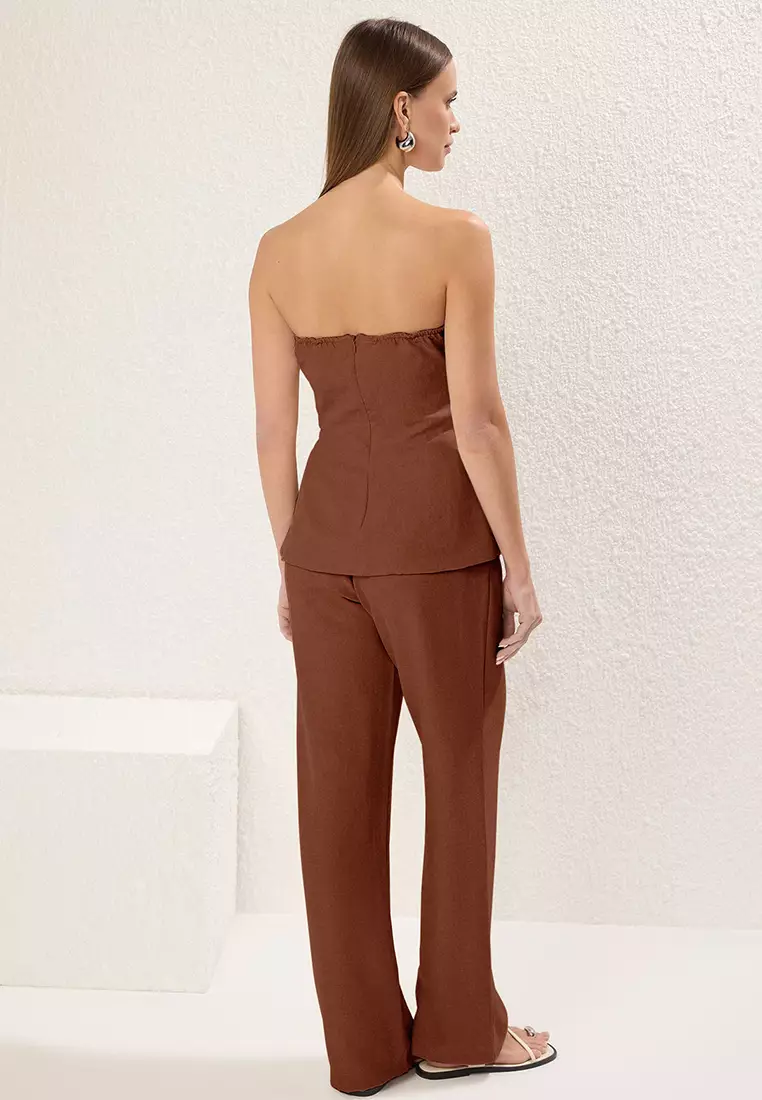 Brown Linen Look Strapless Blouse and Trousers Woven Bottom-Top Set TWOSS25AU00092