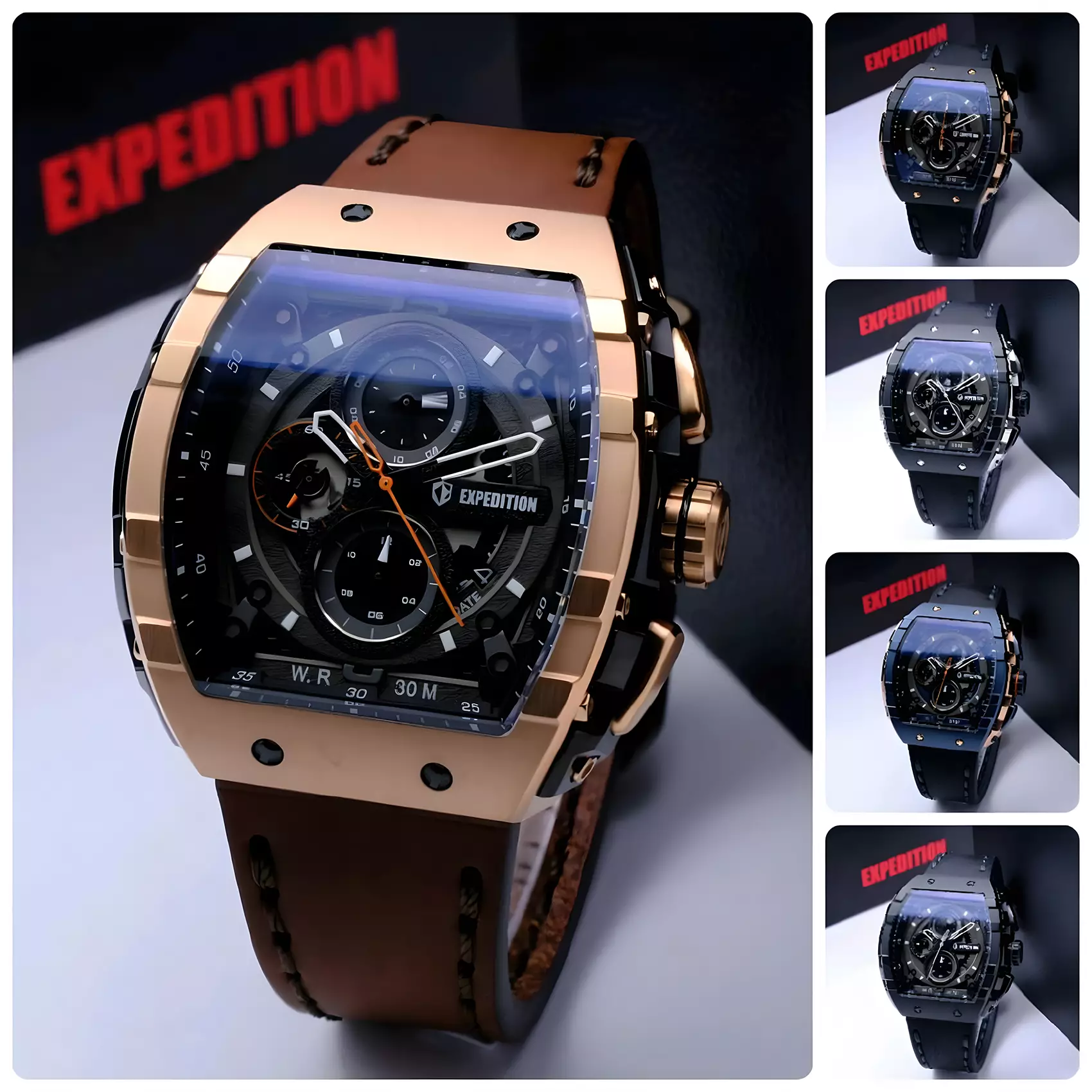 Expedition - Jam Tangan Chronograph Pria - Rose Gold Blue - Black Leather Strap - 6782 MCLURBUBA