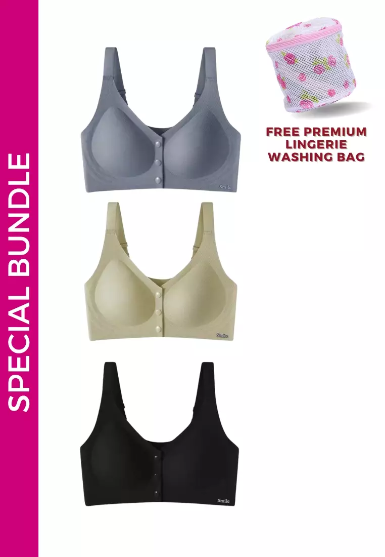 3 Pack Collins Plus Size Seamless Wireless Support Bra - Black, Green, Grey