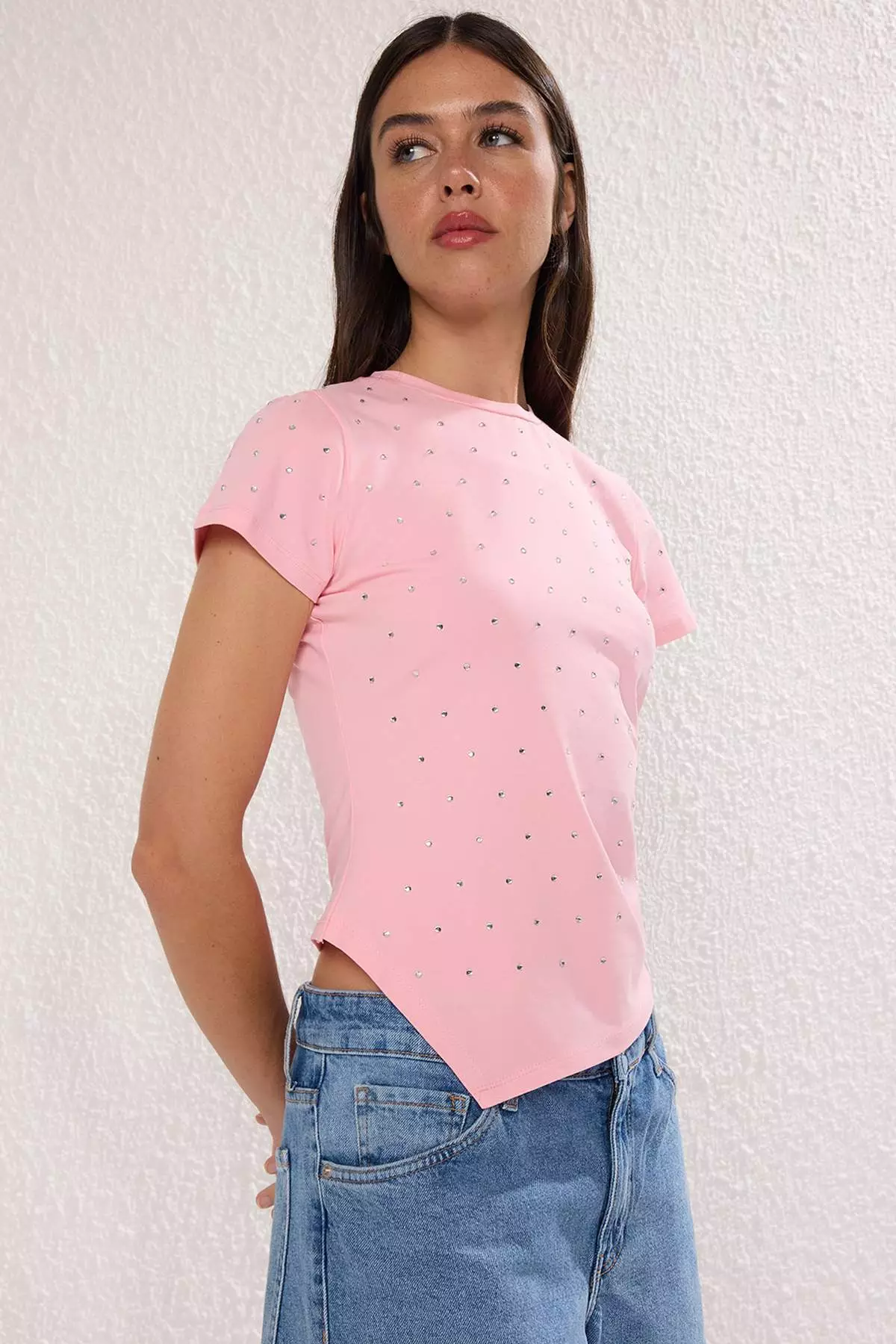 Pink Stone Asymmetric Fitted/Skin Fitting Knitted T Shirt