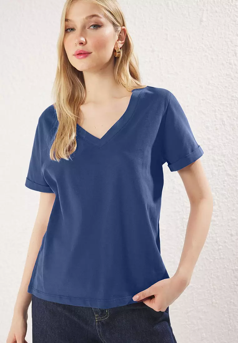 Indigo V Neck Short Sleeve Regular/Basic Knitted T-Shirt