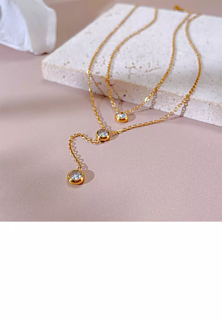 Fashion and Simple Plated Gold 316L Stainless Steel Geometric Ball Bead Tassel Pendant with Cubic Zirconia and Necklace