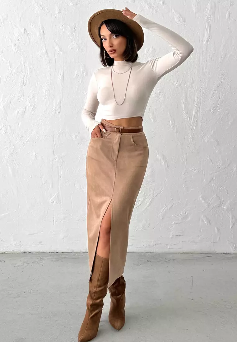 Front Slit Suede Midi Knitted Pencil Skirt