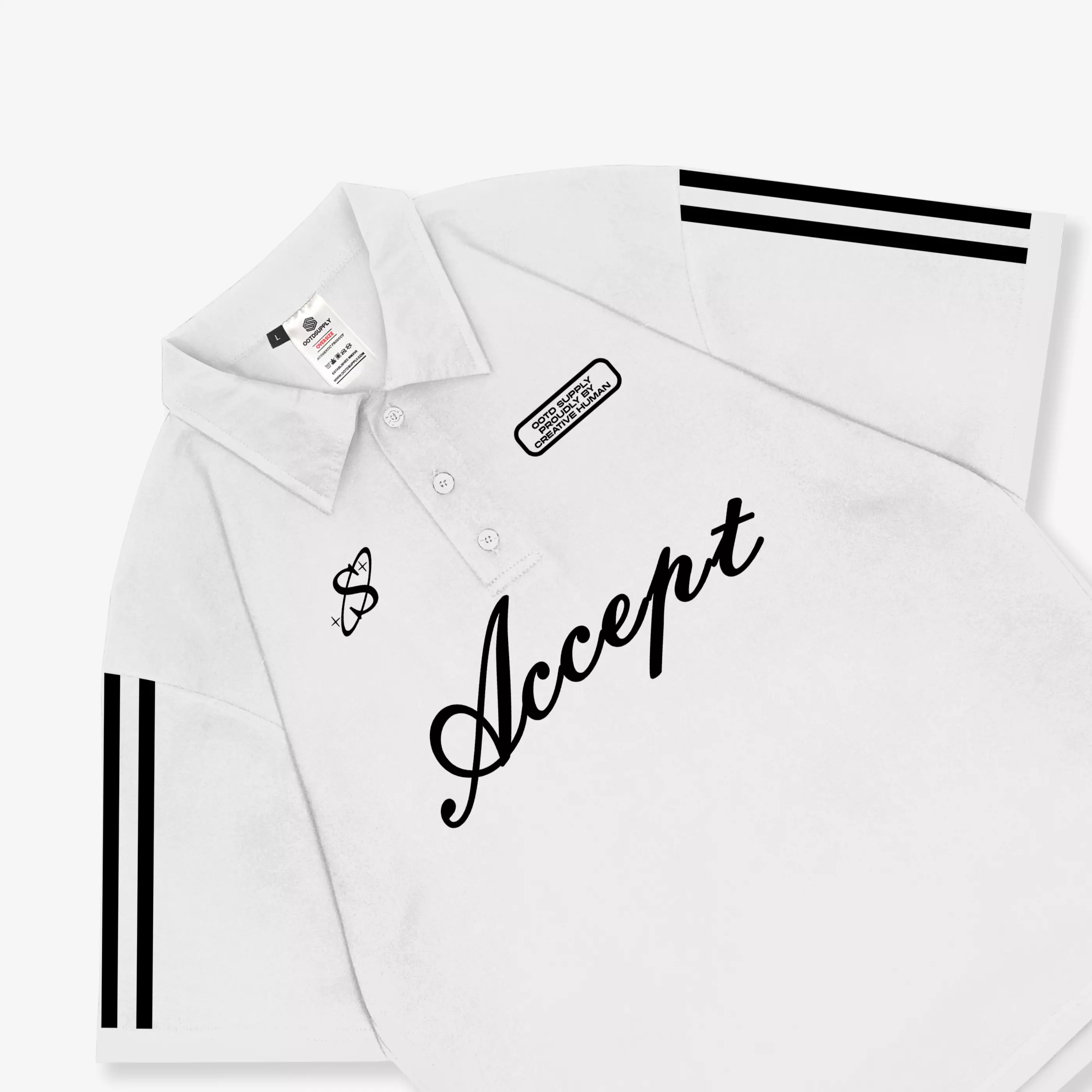 OOTDSUPPLY Oversize Polo Shirt Accept Line White & Black l Kaos Oversize Pria dan Wanita OVZ-PS003