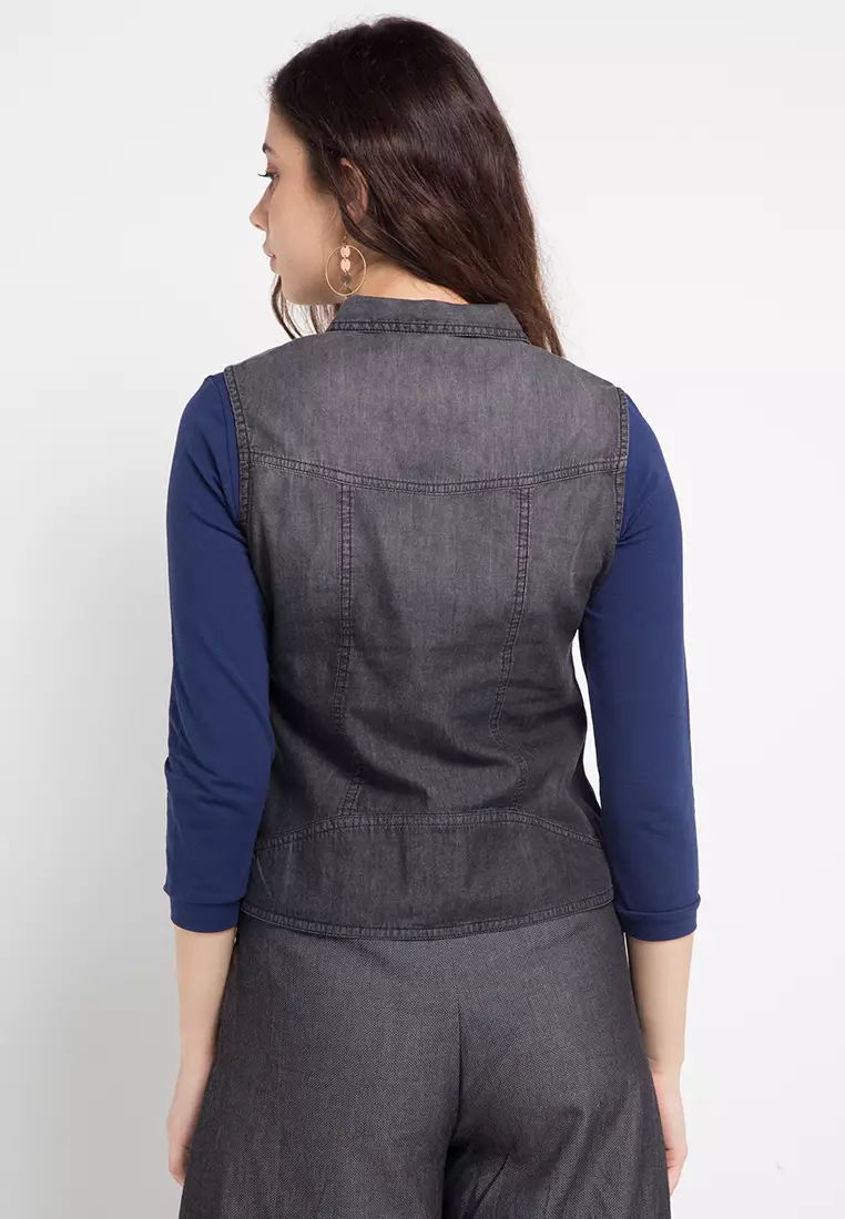 Buy Denim Blue Thread Embroidered Sleeveless Jacket Online - Aurelia