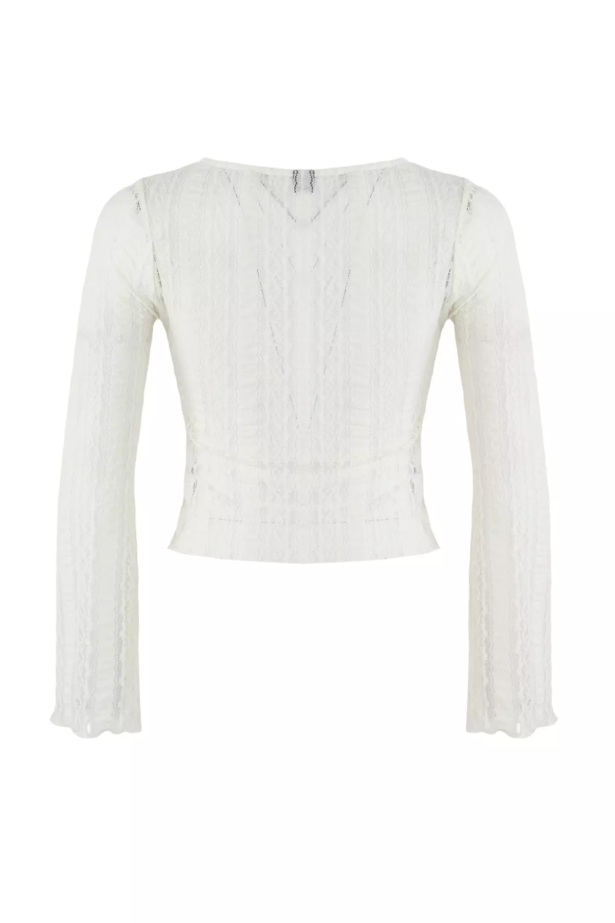 Teen Ecru Y-Neck Textured Bell Sleeve Knitted Blouse Twoaw26Bz00082