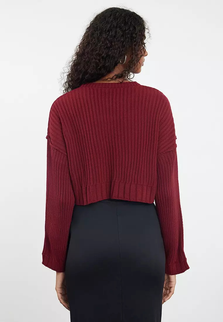 Claret Red Super Crop Knitwear Sweater TWOAW24KZ00275