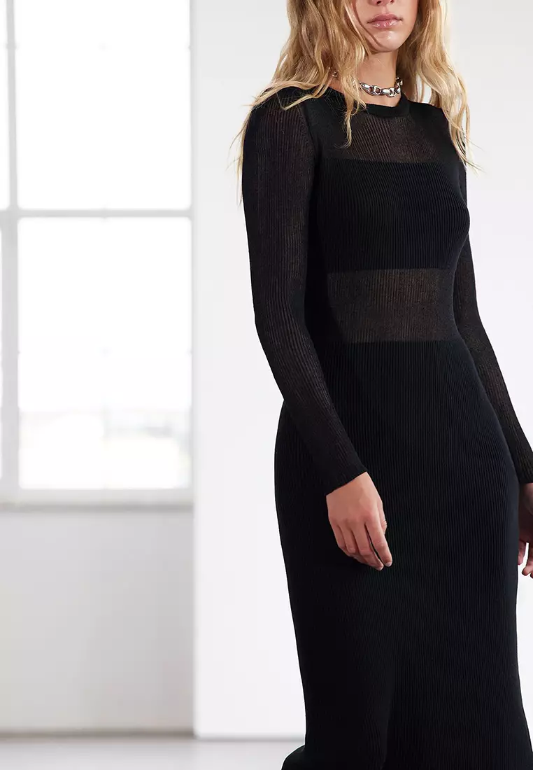 Limited Edition Black Mercerized Look Midi Knitwear Transparent Look Dress Twoaw25El00312
