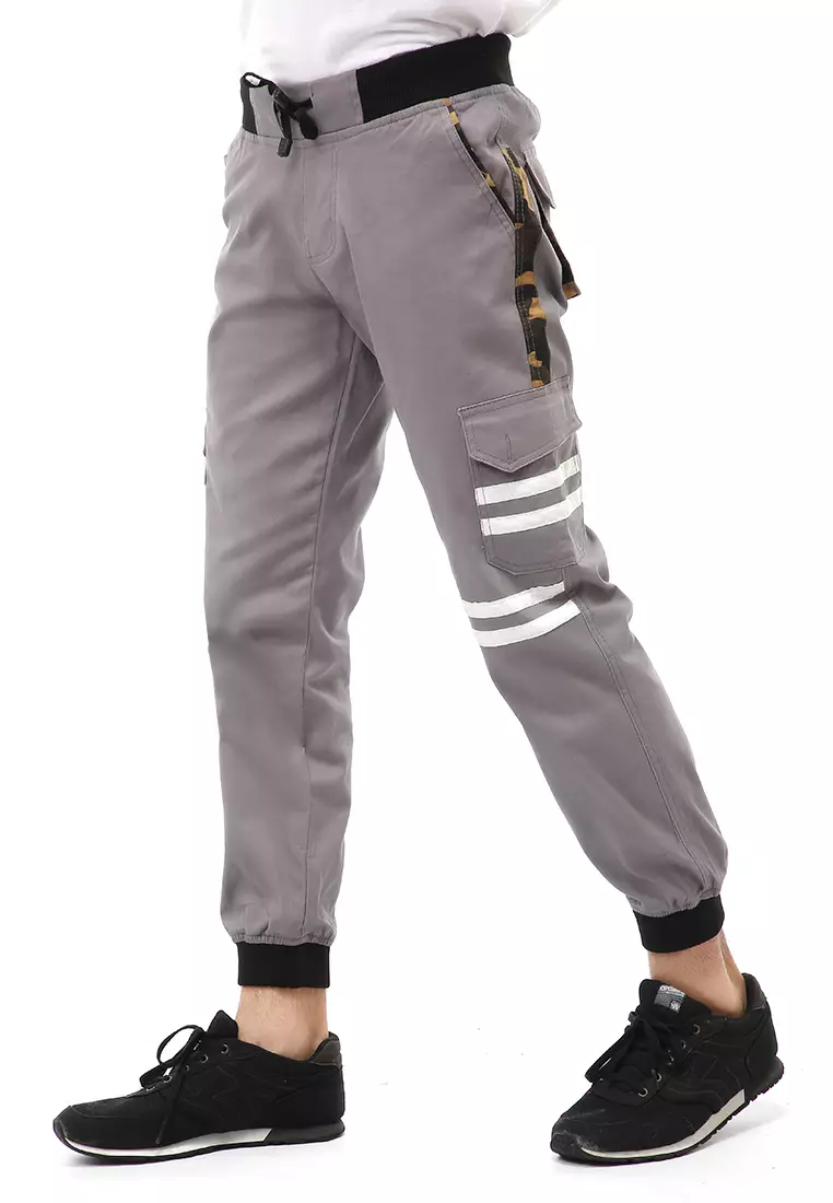 Locko Long Pants Celana Jogger Cargo Pria List Camouflage Material Twil Sweding ORIGINAL - Gray
