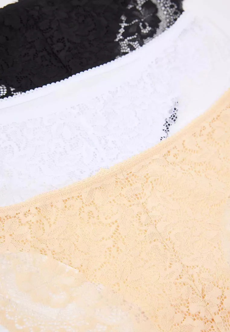 Black White Tan 3 Piece Micro Lace And Ribbon/Bow Detail Knitted Brazilian Panties