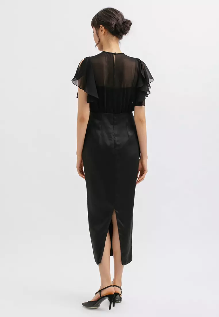 High Neck Drapery Sleeve Midi Dress in Black